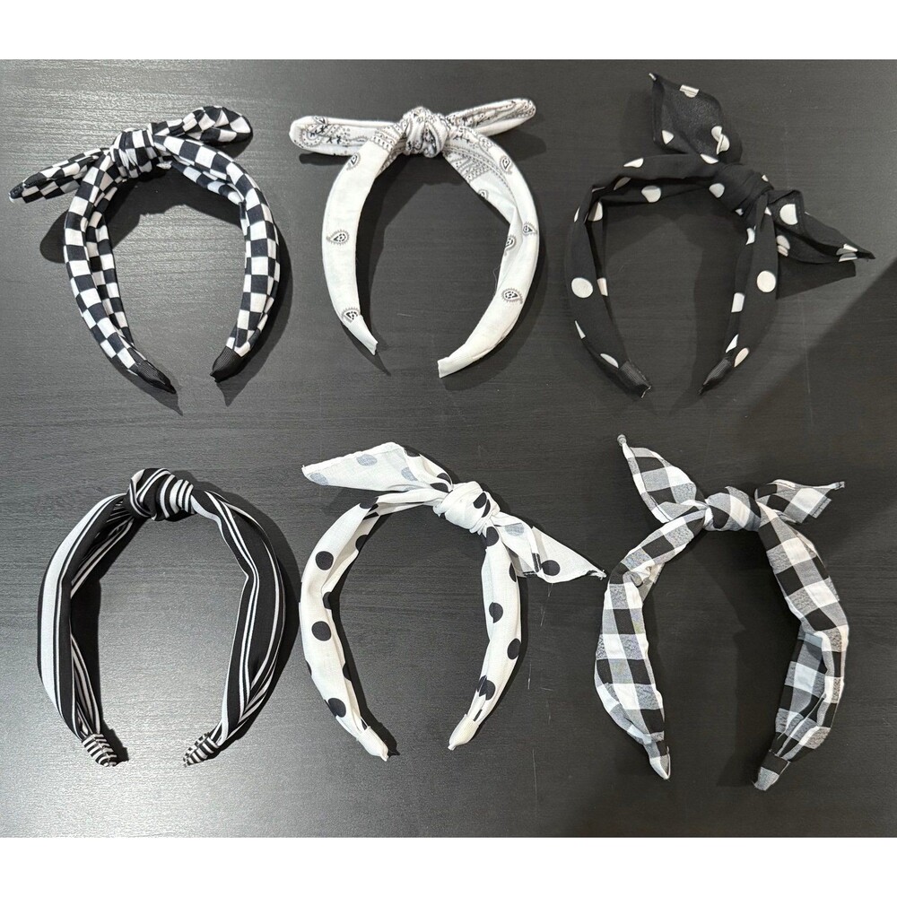 Lot of 6 headbands black & white set of six retro checkered polka dot striped